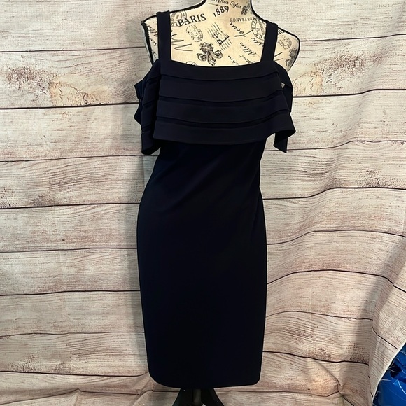 Joseph Ribkoff Cocktail Dress Off Shoulder Navy Blue Size 4 Side Zipper Lined - Picture 2 of 8